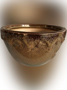 Drip Glazed Pottery Olive Brown Teardrop Relief Stoneware Mottling Planter 5x8